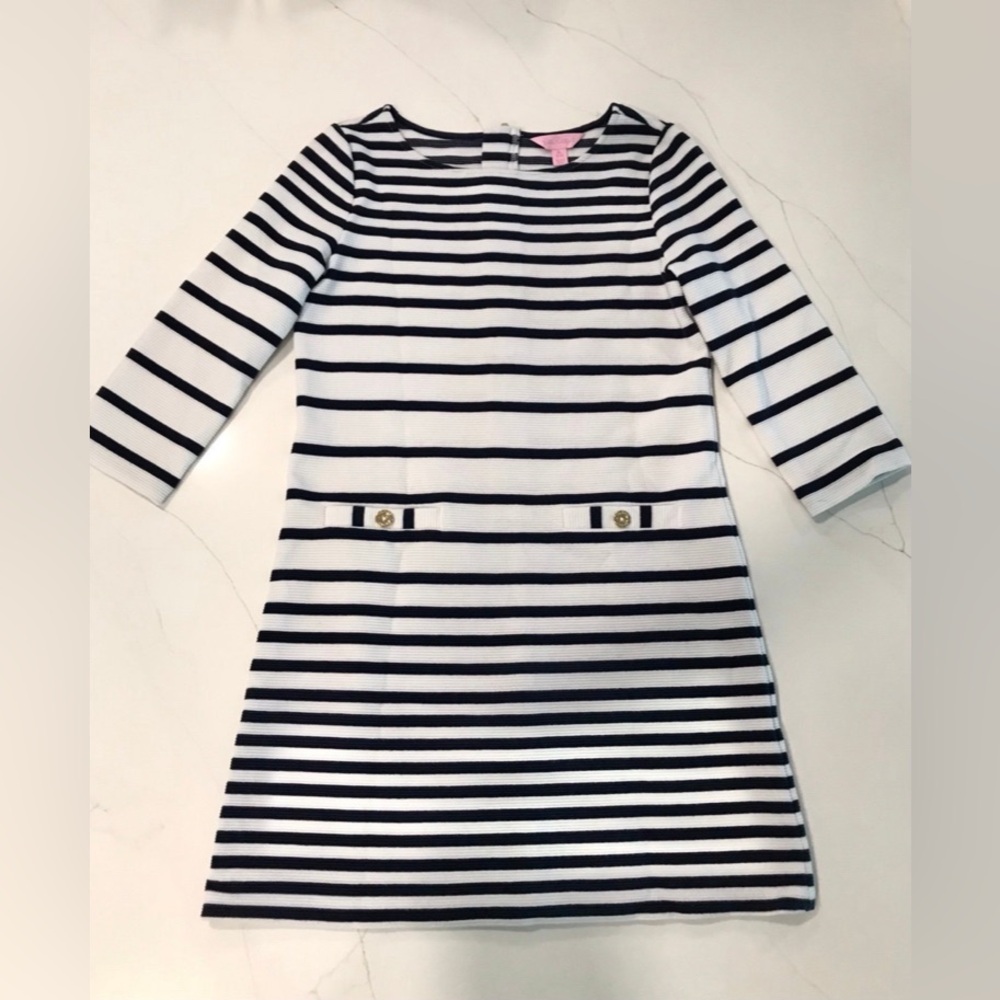 Lilly Pulitzer Girls Striped Dress with Gold Accents Quarter Sleeve